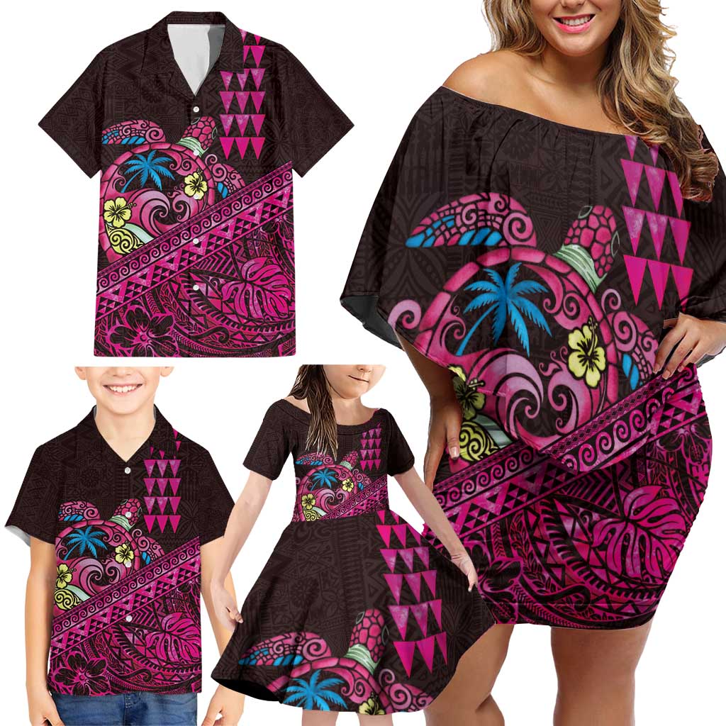 Hawaiian Abstract Sea Turtle Family Matching Off Shoulder Short Dress and Hawaiian Shirt Polynesian Tapa Art and Kakau Tattoo Pink WaterColor LT03 - Polynesian Pride