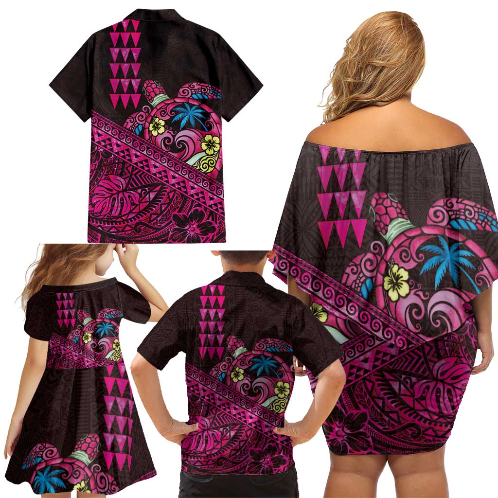 Hawaiian Abstract Sea Turtle Family Matching Off Shoulder Short Dress and Hawaiian Shirt Polynesian Tapa Art and Kakau Tattoo Pink WaterColor LT03 - Polynesian Pride