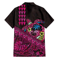 Hawaiian Abstract Sea Turtle Family Matching Off Shoulder Short Dress and Hawaiian Shirt Polynesian Tapa Art and Kakau Tattoo Pink WaterColor LT03 - Polynesian Pride