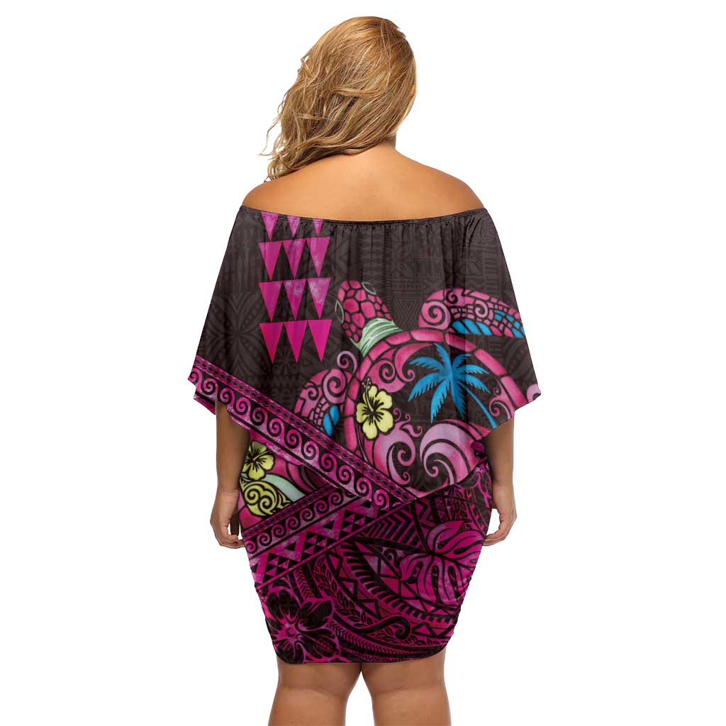 Hawaiian Abstract Sea Turtle Family Matching Off Shoulder Short Dress and Hawaiian Shirt Polynesian Tapa Art and Kakau Tattoo Pink WaterColor LT03 - Polynesian Pride