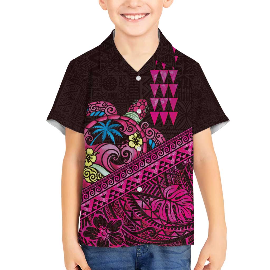 Hawaiian Abstract Sea Turtle Family Matching Off Shoulder Short Dress and Hawaiian Shirt Polynesian Tapa Art and Kakau Tattoo Pink WaterColor LT03 Son's Shirt Black - Polynesian Pride