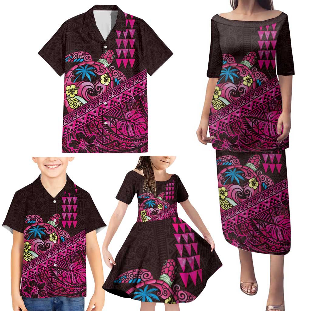 Hawaiian Abstract Sea Turtle Family Matching Puletasi and Hawaiian Shirt Polynesian Tapa Art and Kakau Tattoo Pink WaterColor - Polynesian Pride
