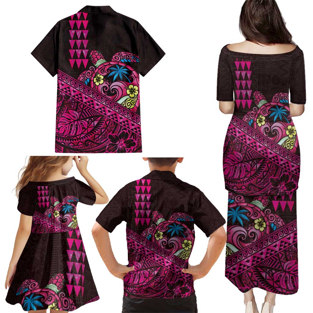 Hawaiian Abstract Sea Turtle Family Matching Puletasi and Hawaiian Shirt Polynesian Tapa Art and Kakau Tattoo Pink WaterColor LT03 - Polynesian Pride