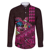 Hawaiian Abstract Sea Turtle Family Matching Puletasi and Hawaiian Shirt Polynesian Tapa Art and Kakau Tattoo Pink WaterColor LT03 Dad's Shirt - Long Sleeve Black - Polynesian Pride