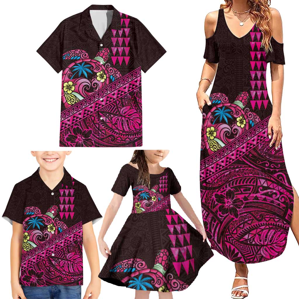Hawaiian Abstract Sea Turtle Family Matching Summer Maxi Dress and Hawaiian Shirt Polynesian Tapa Art and Kakau Tattoo Pink WaterColor LT03 - Polynesian Pride