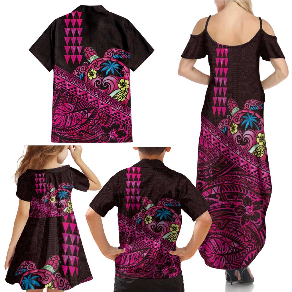 Hawaiian Abstract Sea Turtle Family Matching Summer Maxi Dress and Hawaiian Shirt Polynesian Tapa Art and Kakau Tattoo Pink WaterColor LT03 - Polynesian Pride