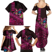 Hawaiian Abstract Sea Turtle Family Matching Summer Maxi Dress and Hawaiian Shirt Polynesian Tapa Art and Kakau Tattoo Pink WaterColor LT03 - Polynesian Pride
