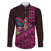 Hawaiian Abstract Sea Turtle Family Matching Summer Maxi Dress and Hawaiian Shirt Polynesian Tapa Art and Kakau Tattoo Pink WaterColor LT03 Dad's Shirt - Long Sleeve Black - Polynesian Pride