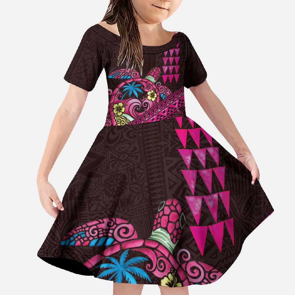 Hawaiian Abstract Sea Turtle Family Matching Tank Maxi Dress and Hawaiian Shirt Polynesian Tapa Art and Kakau Tattoo Pink WaterColor LT03 Daughter's Dress Black - Polynesian Pride