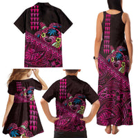 Hawaiian Abstract Sea Turtle Family Matching Tank Maxi Dress and Hawaiian Shirt Polynesian Tapa Art and Kakau Tattoo Pink WaterColor LT03 - Polynesian Pride