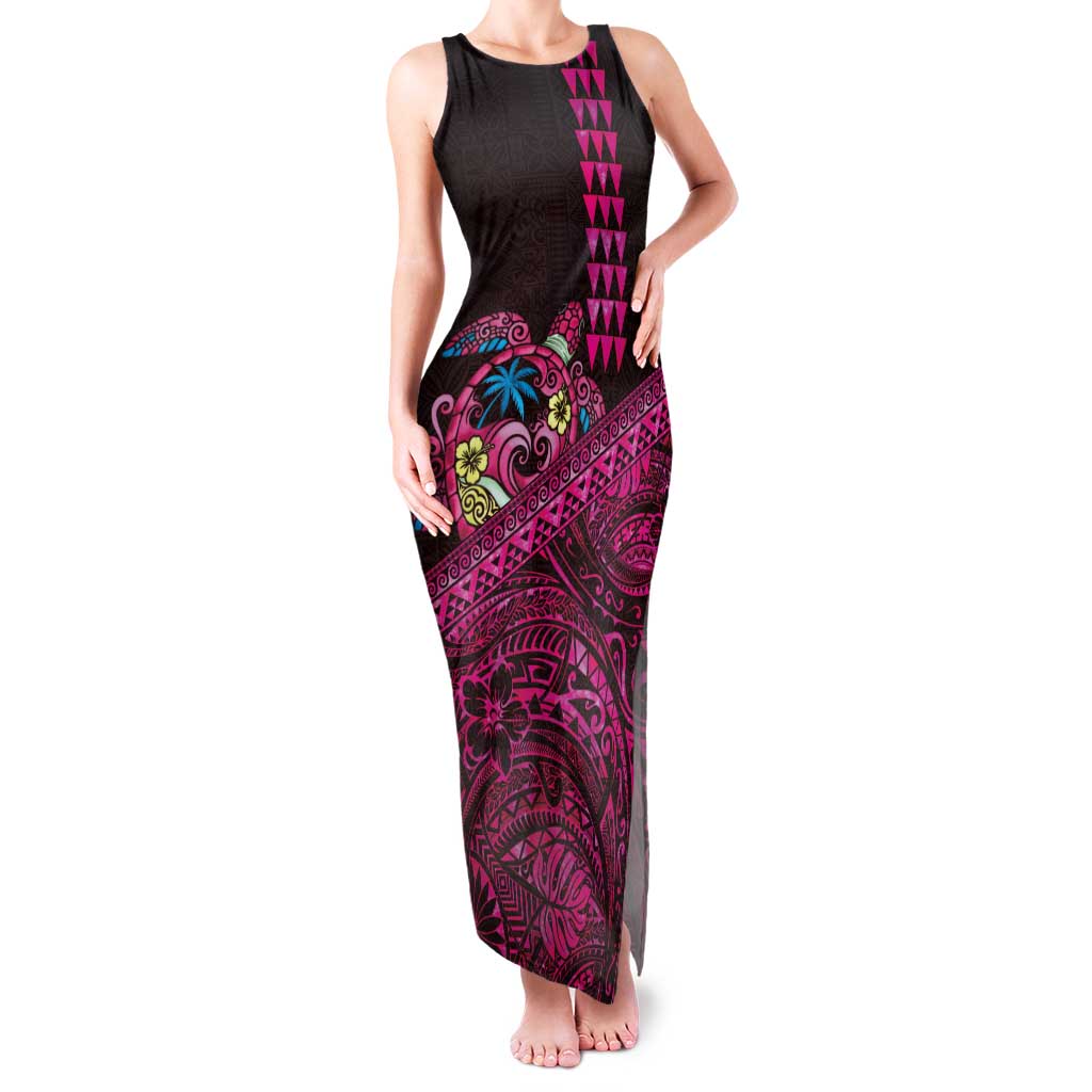Hawaiian Abstract Sea Turtle Family Matching Tank Maxi Dress and Hawaiian Shirt Polynesian Tapa Art and Kakau Tattoo Pink WaterColor LT03 Mom's Dress Black - Polynesian Pride