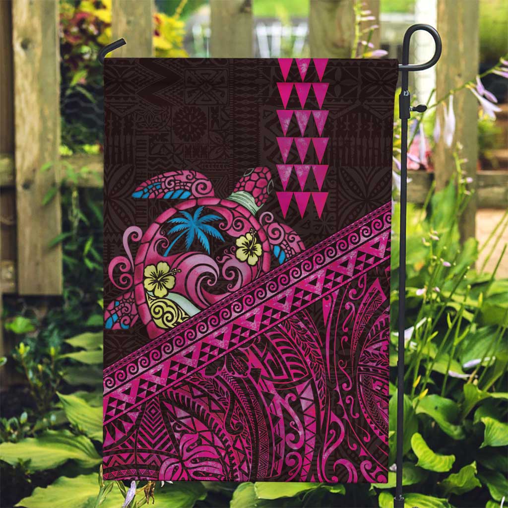 Hawaiian Abstract Sea Turtle Garden Flag Polynesian Tapa Art and Kakau Tattoo Pink WaterColor - Polynesian Pride