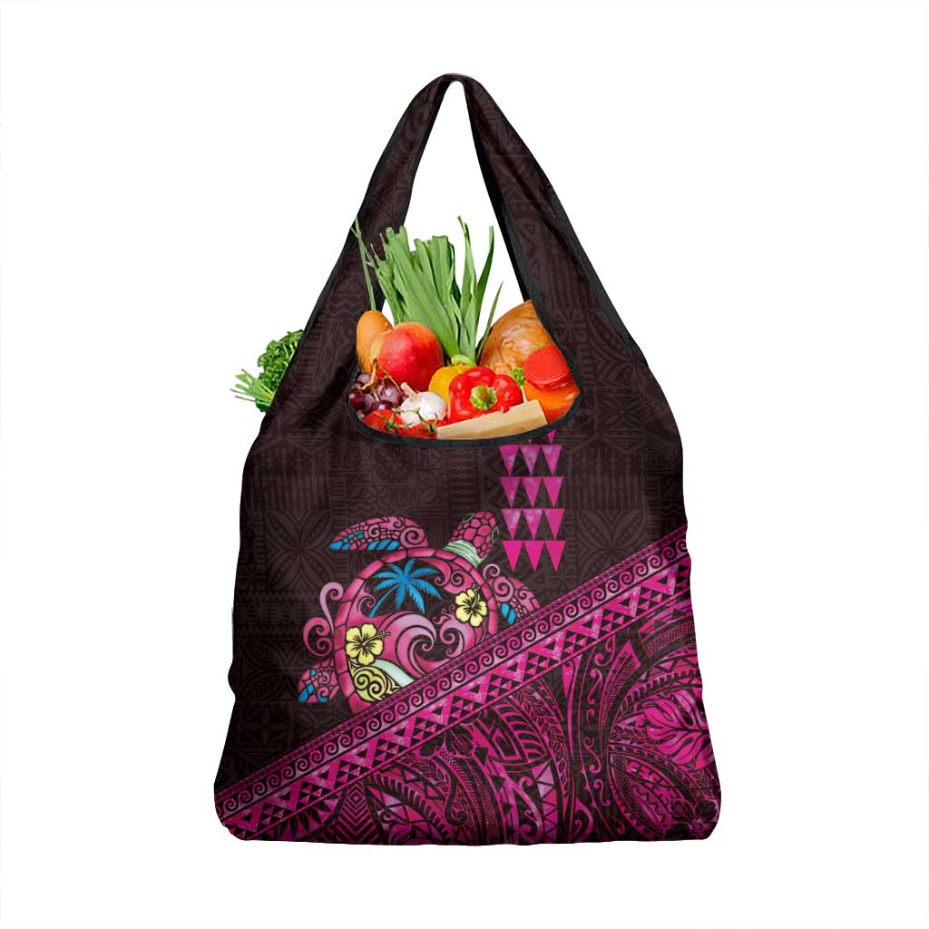 Hawaiian Abstract Sea Turtle Grocery Bag Polynesian Tapa Art and Kakau Tattoo Pink WaterColor - Polynesian Pride