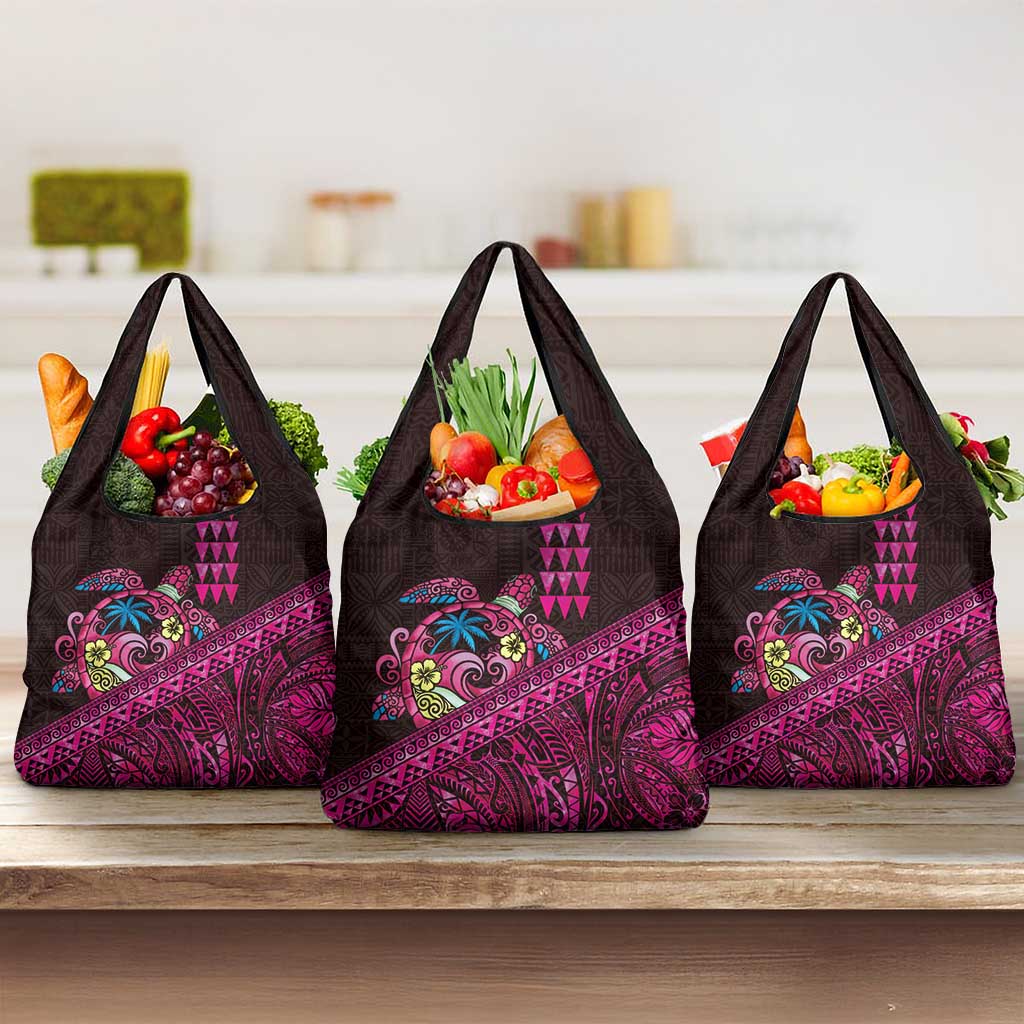 Hawaiian Abstract Sea Turtle Grocery Bag Polynesian Tapa Art and Kakau Tattoo Pink WaterColor - Polynesian Pride