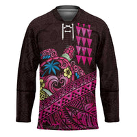 Hawaiian Abstract Sea Turtle Hockey Jersey Polynesian Tapa Art and Kakau Tattoo Pink WaterColor LT03 Unisex Black - Polynesian Pride