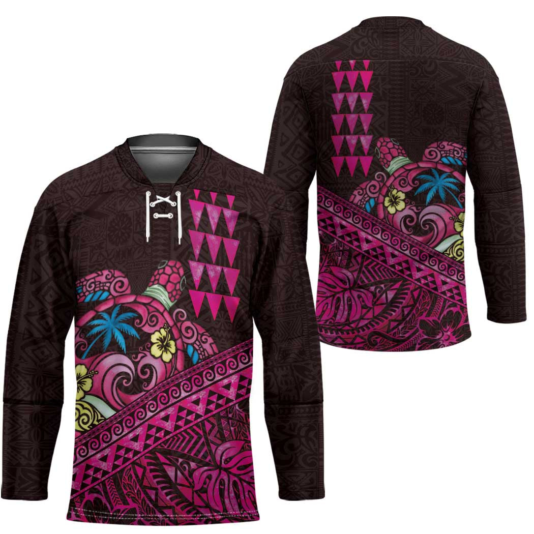Hawaiian Abstract Sea Turtle Hockey Jersey Polynesian Tapa Art and Kakau Tattoo Pink WaterColor LT03 - Polynesian Pride