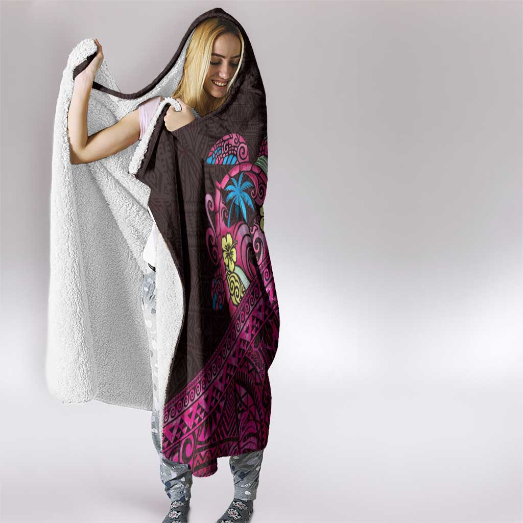 Hawaiian Abstract Sea Turtle Hooded Blanket Polynesian Tapa Art and Kakau Tattoo Pink WaterColor - Polynesian Pride