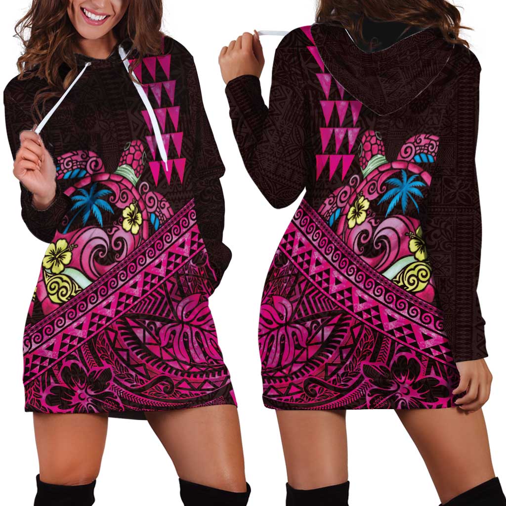 Hawaiian Abstract Sea Turtle Hoodie Dress Polynesian Tapa Art and Kakau Tattoo Pink WaterColor LT03 - Polynesian Pride
