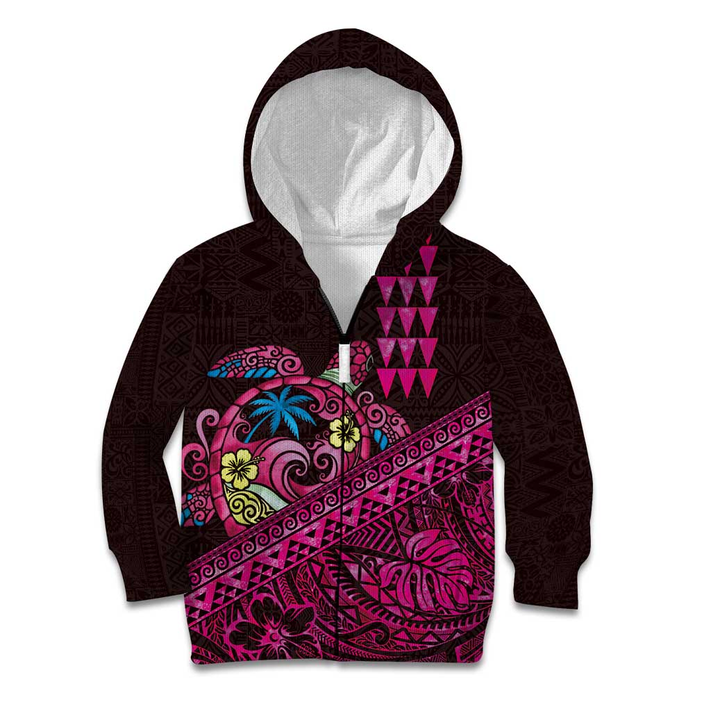 Hawaiian Abstract Sea Turtle Kid Hoodie Polynesian Tapa Art and Kakau Tattoo Pink WaterColor LT03 Zip Hoodie Black - Polynesian Pride