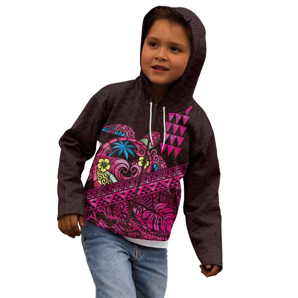 Hawaiian Abstract Sea Turtle Kid Hoodie Polynesian Tapa Art and Kakau Tattoo Pink WaterColor LT03 - Polynesian Pride