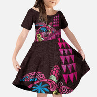 Hawaiian Abstract Sea Turtle Kid Short Sleeve Dress Polynesian Tapa Art and Kakau Tattoo Pink WaterColor LT03 KID Black - Polynesian Pride