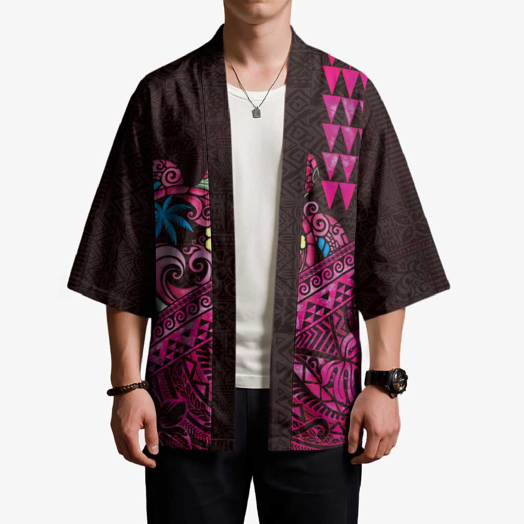 Hawaiian Abstract Sea Turtle Kimono Polynesian Tapa Art and Kakau Tattoo Pink WaterColor - Polynesian Pride