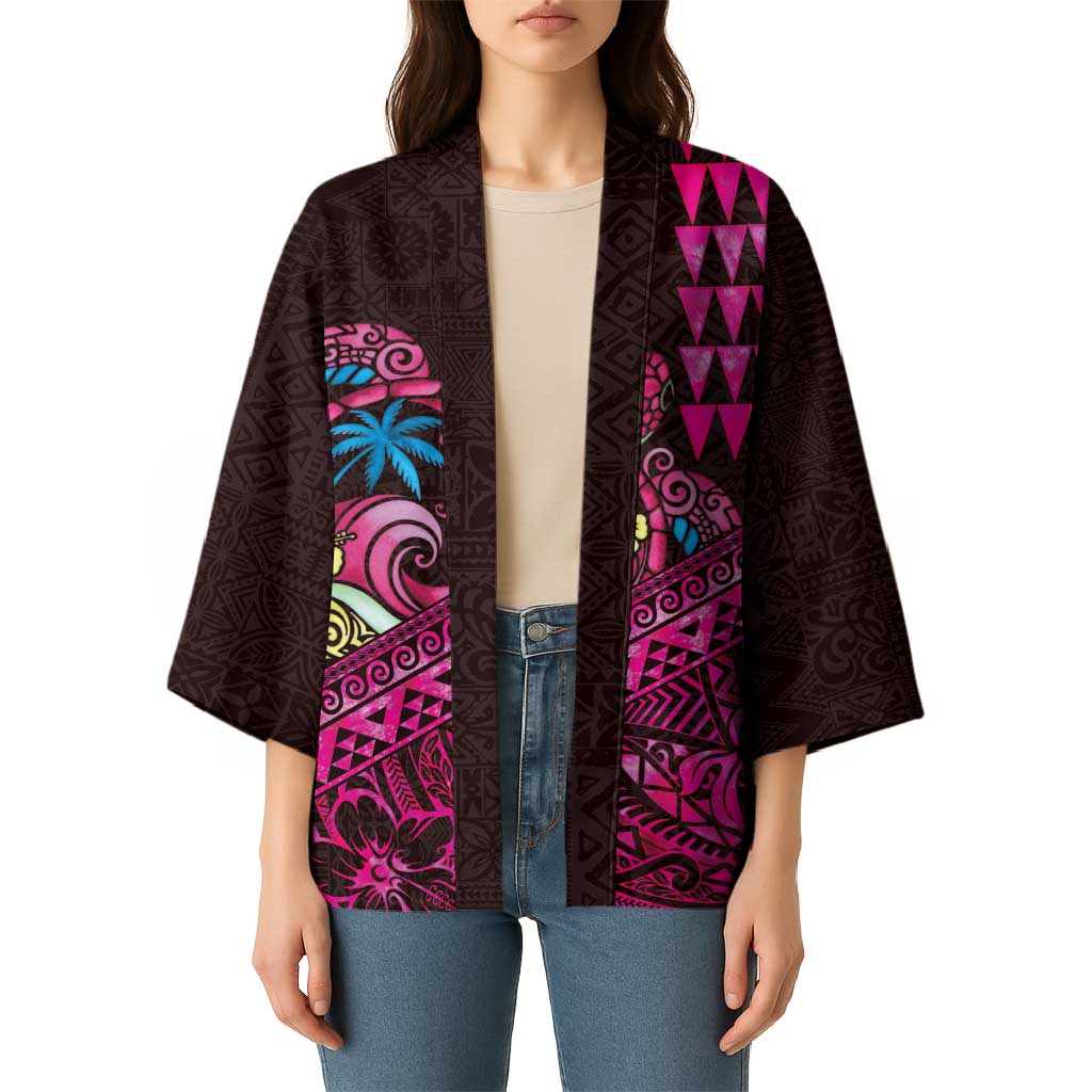 Hawaiian Abstract Sea Turtle Kimono Polynesian Tapa Art and Kakau Tattoo Pink WaterColor - Polynesian Pride
