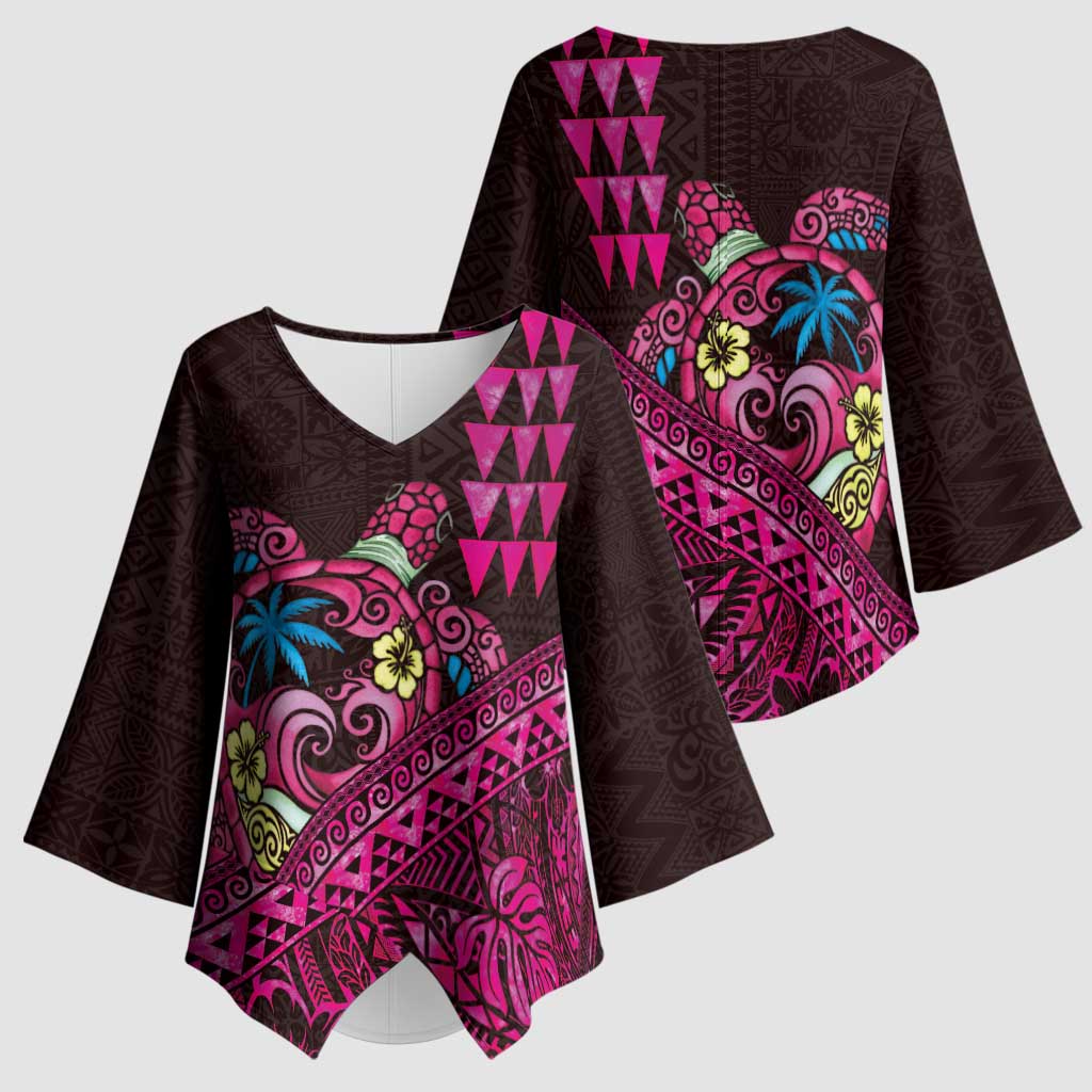 Hawaiian Abstract Sea Turtle Kimono Sleeve Blouse Polynesian Tapa Art and Kakau Tattoo Pink WaterColor - Polynesian Pride