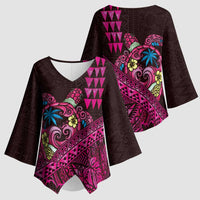 Hawaiian Abstract Sea Turtle Kimono Sleeve Blouse Polynesian Tapa Art and Kakau Tattoo Pink WaterColor - Polynesian Pride