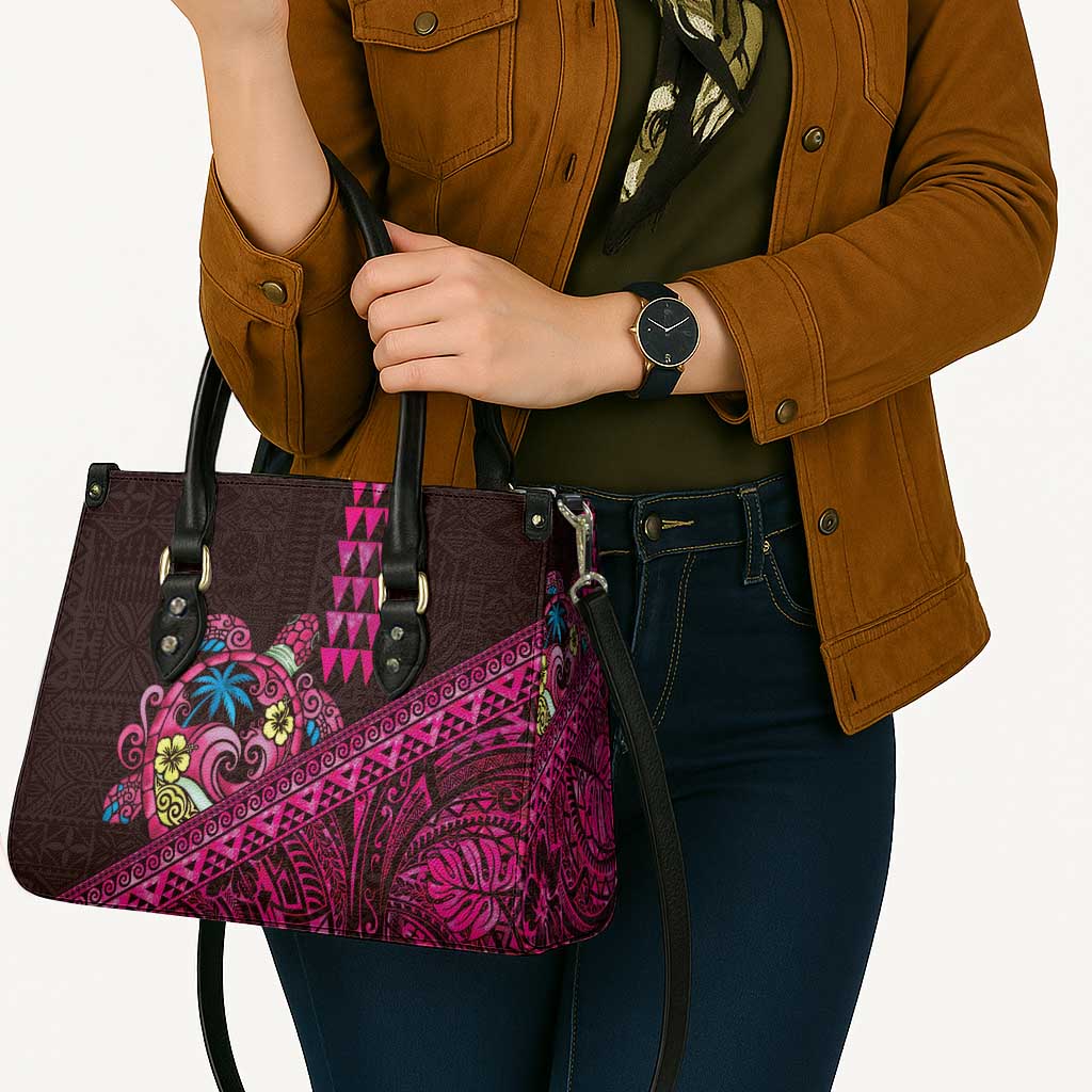 Hawaiian Abstract Sea Turtle Leather Bag Polynesian Tapa Art and Kakau Tattoo Pink WaterColor - Polynesian Pride