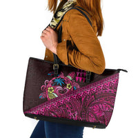 Hawaiian Abstract Sea Turtle Leather Tote Bag Polynesian Tapa Art and Kakau Tattoo Pink WaterColor - Polynesian Pride