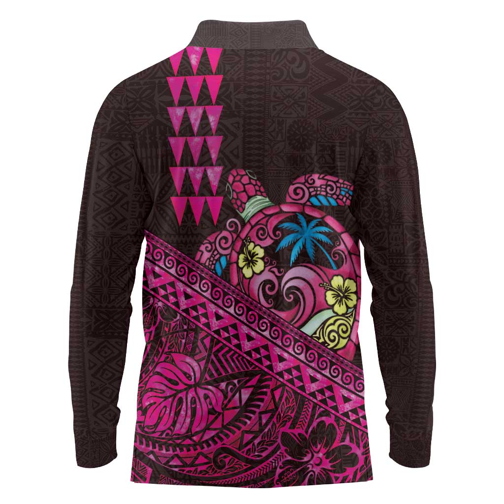 Hawaiian Abstract Sea Turtle Long Sleeve Polo Shirt Polynesian Tapa Art and Kakau Tattoo Pink WaterColor LT03 - Polynesian Pride