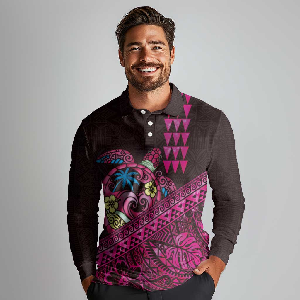 Hawaiian Abstract Sea Turtle Long Sleeve Polo Shirt Polynesian Tapa Art and Kakau Tattoo Pink WaterColor LT03 - Polynesian Pride