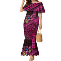 Hawaiian Abstract Sea Turtle Mermaid Dress Polynesian Tapa Art and Kakau Tattoo Pink WaterColor LT03 Women Black - Polynesian Pride