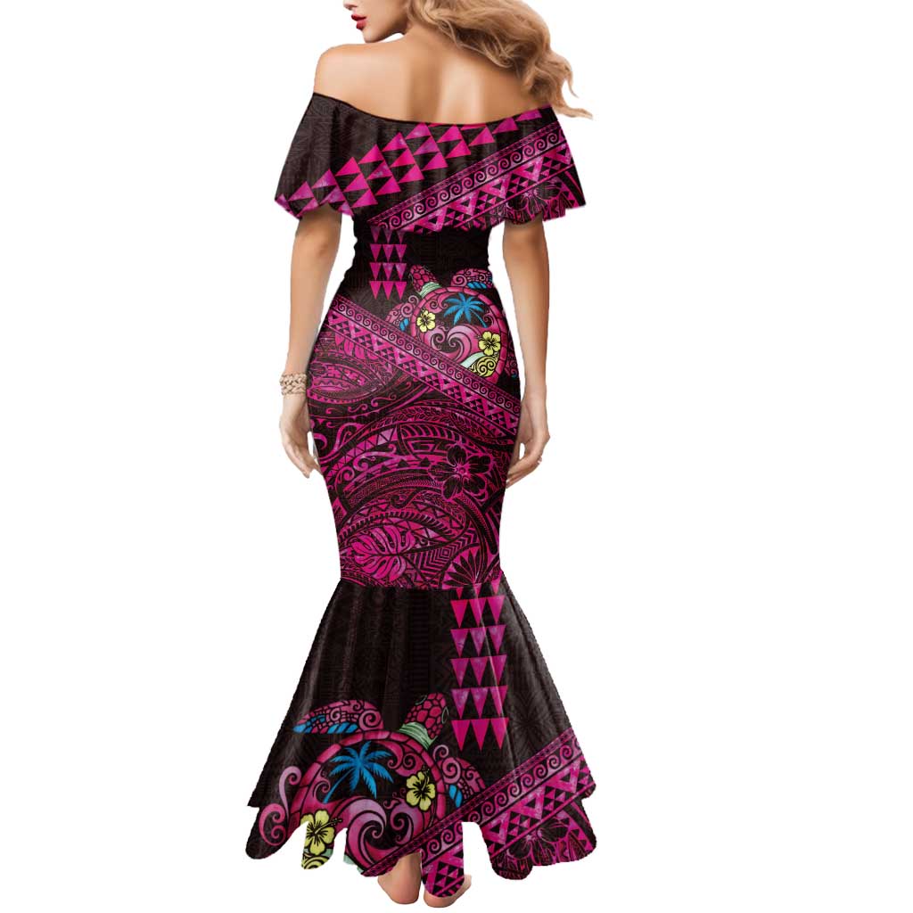 Hawaiian Abstract Sea Turtle Mermaid Dress Polynesian Tapa Art and Kakau Tattoo Pink WaterColor LT03 - Polynesian Pride