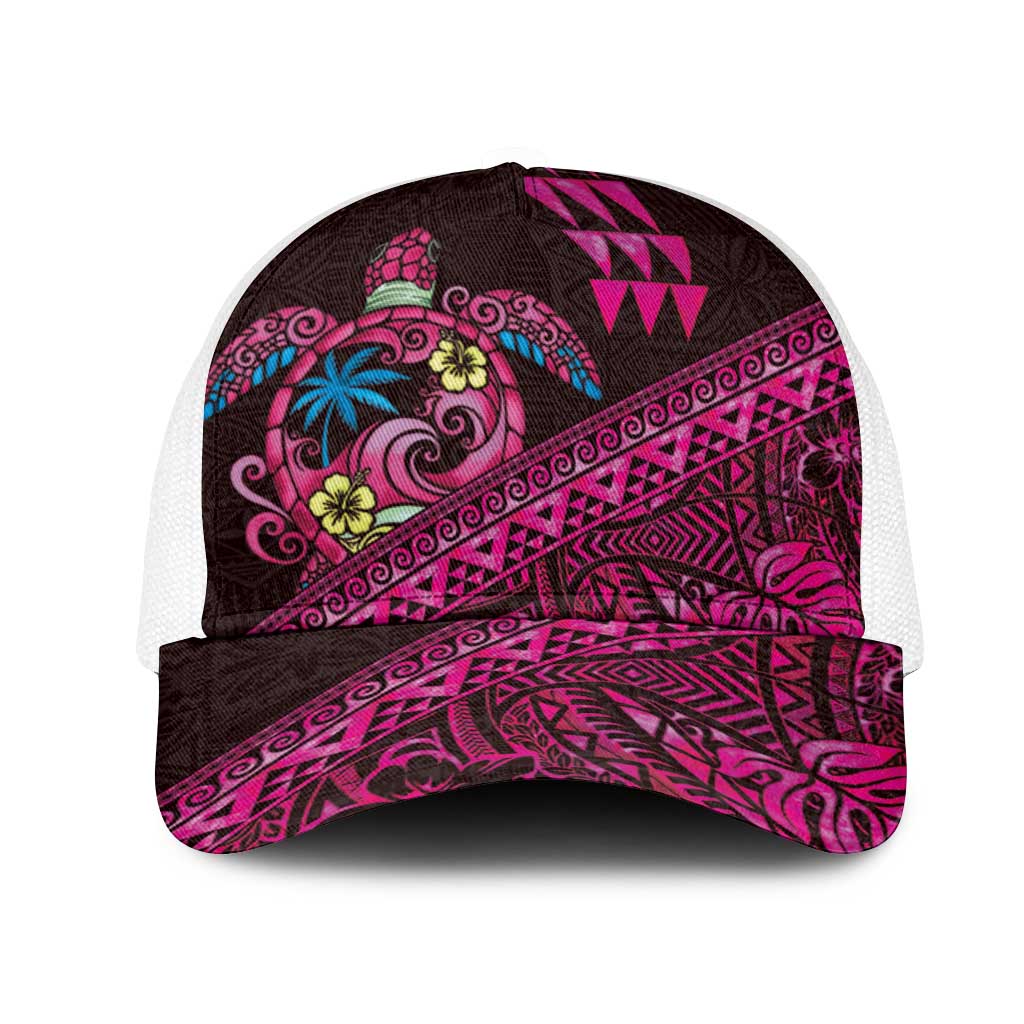 Hawaiian Abstract Sea Turtle Mesh Trucker Cap Polynesian Tapa Art and Kakau Tattoo Pink WaterColor - Polynesian Pride