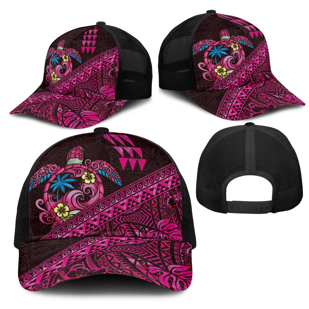 Hawaiian Abstract Sea Turtle Mesh Trucker Cap Polynesian Tapa Art and Kakau Tattoo Pink WaterColor - Polynesian Pride