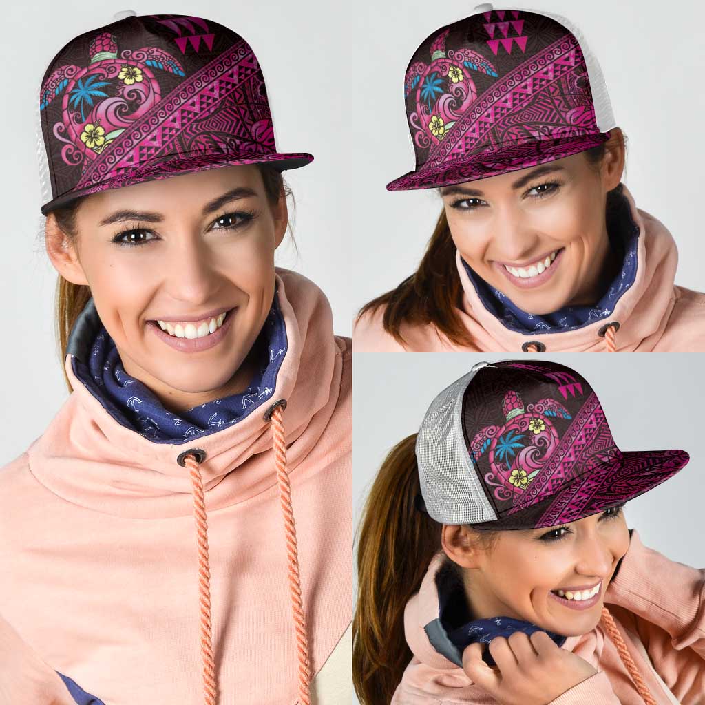 Hawaiian Abstract Sea Turtle Mesh Trucker Cap Polynesian Tapa Art and Kakau Tattoo Pink WaterColor - Polynesian Pride