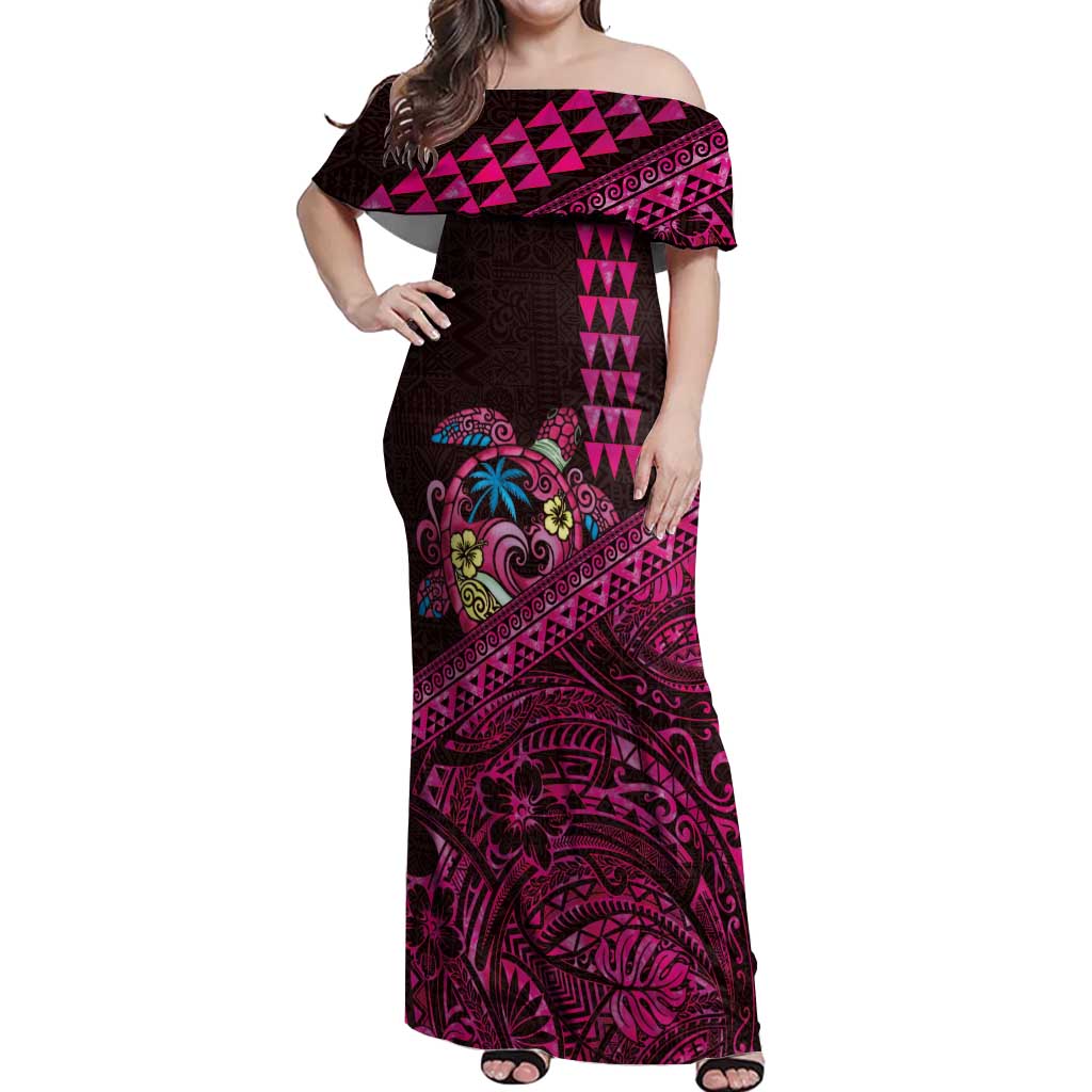 Hawaiian Abstract Sea Turtle Off Shoulder Maxi Dress Polynesian Tapa Art and Kakau Tattoo Pink WaterColor - Polynesian Pride