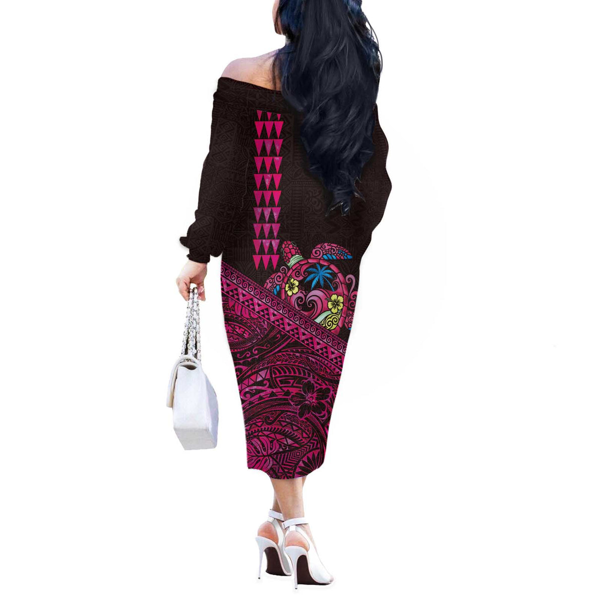 Hawaiian Abstract Sea Turtle Off The Shoulder Long Sleeve Dress Polynesian Tapa Art and Kakau Tattoo Pink WaterColor LT03 - Polynesian Pride