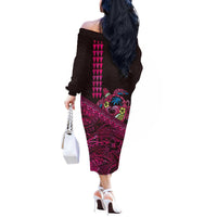 Hawaiian Abstract Sea Turtle Off The Shoulder Long Sleeve Dress Polynesian Tapa Art and Kakau Tattoo Pink WaterColor LT03 - Polynesian Pride