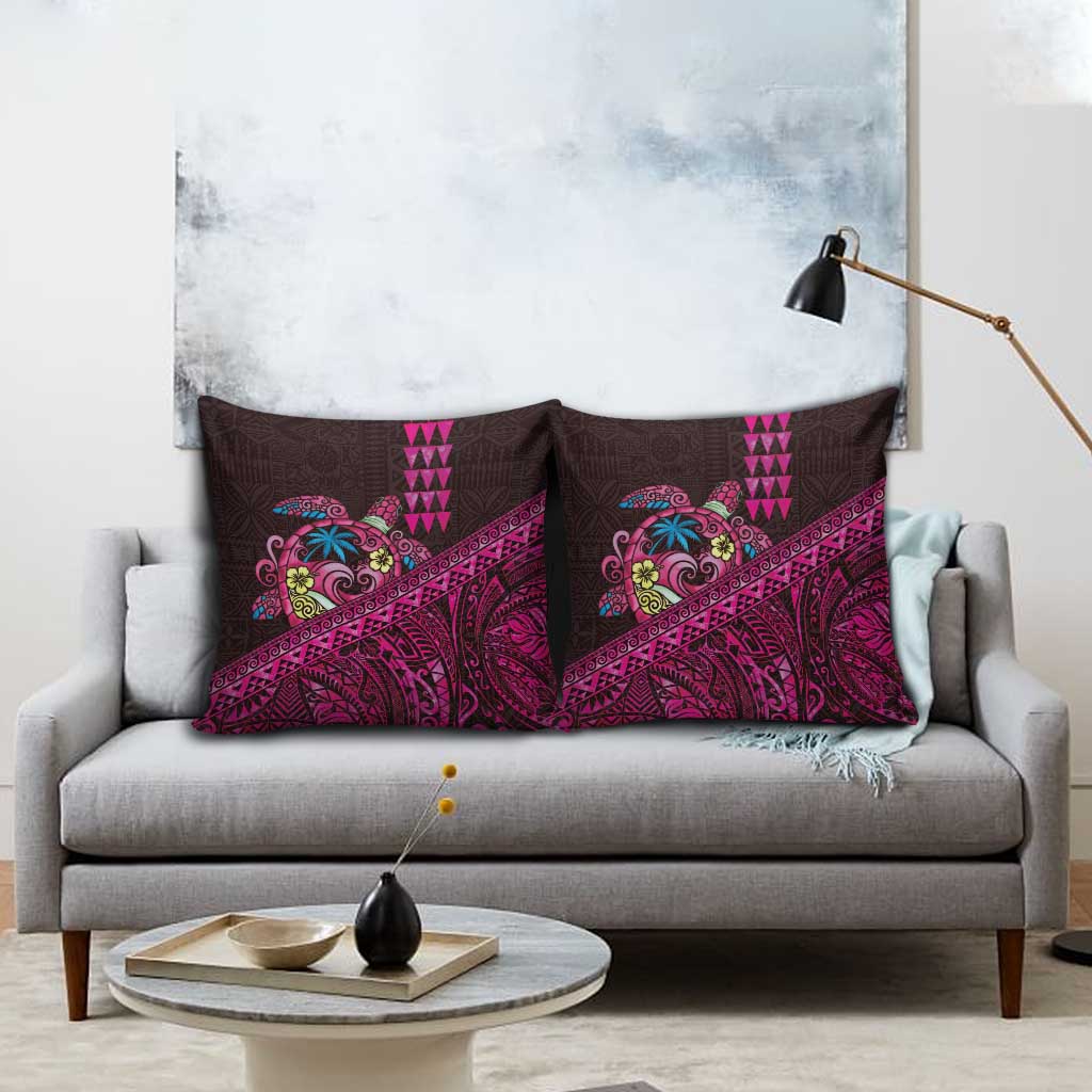 Hawaiian Abstract Sea Turtle Pillow Cover Polynesian Tapa Art and Kakau Tattoo Pink WaterColor - Polynesian Pride