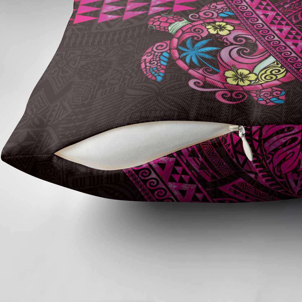 Hawaiian Abstract Sea Turtle Pillow Cover Polynesian Tapa Art and Kakau Tattoo Pink WaterColor - Polynesian Pride