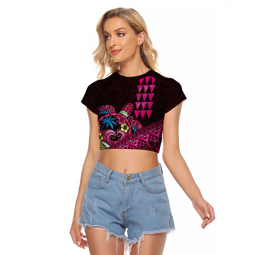 Hawaiian Abstract Sea Turtle Raglan Cropped T Shirt Polynesian Tapa Art and Kakau Tattoo Pink WaterColor - Polynesian Pride