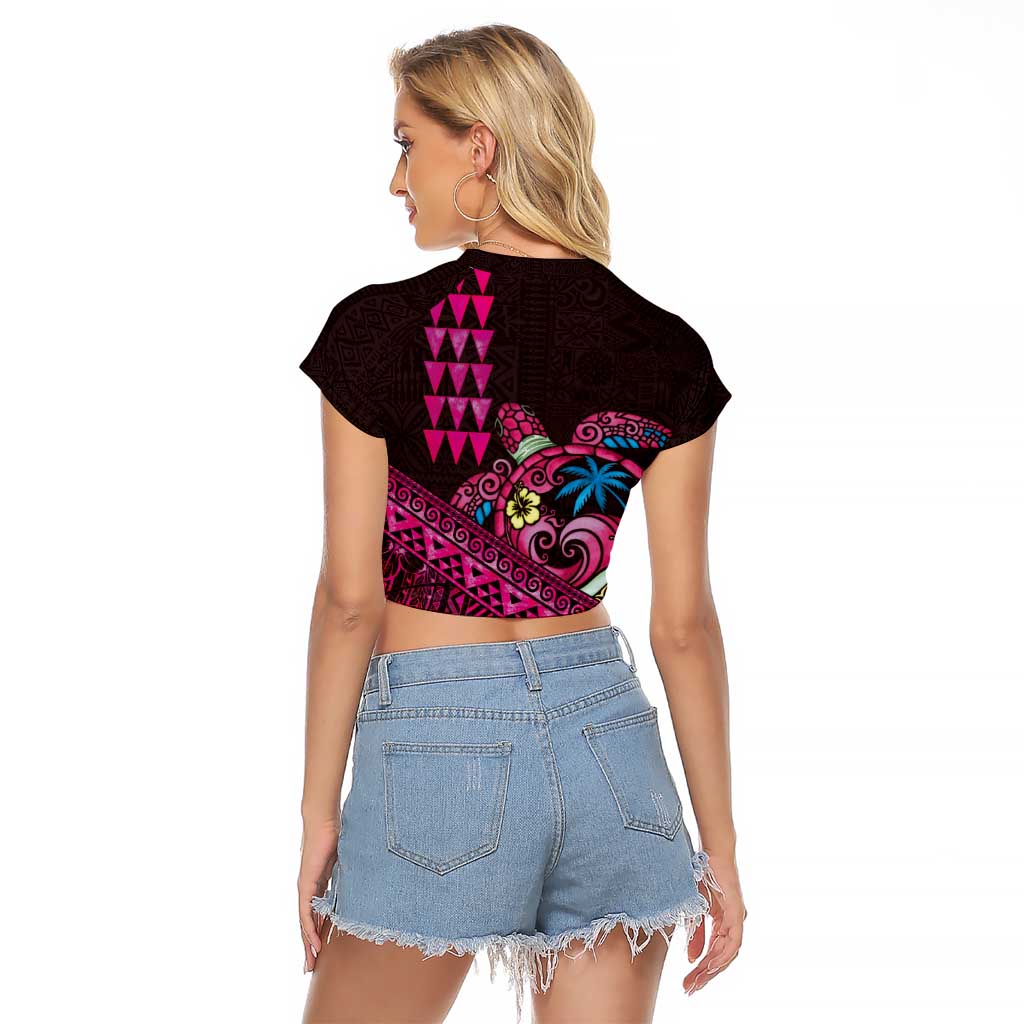 Hawaiian Abstract Sea Turtle Raglan Cropped T Shirt Polynesian Tapa Art and Kakau Tattoo Pink WaterColor LT03 - Polynesian Pride