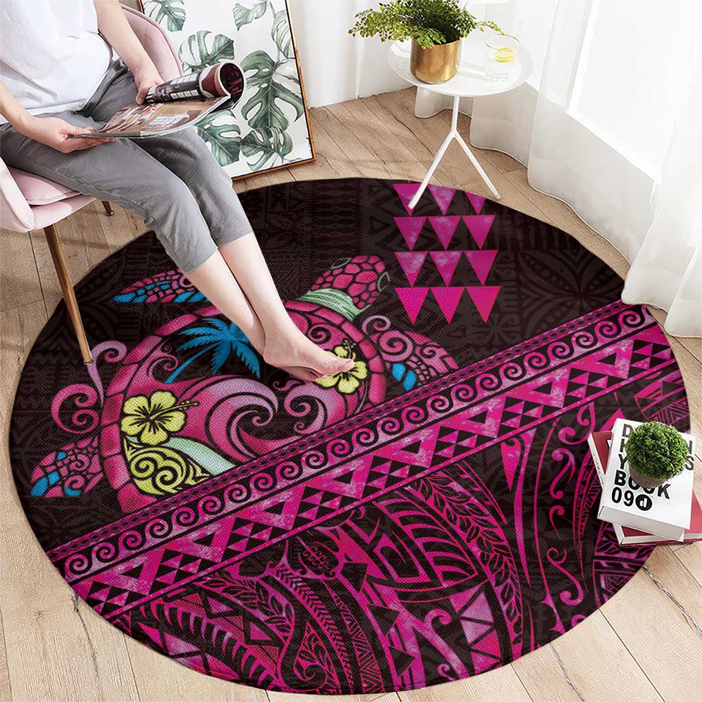 Hawaiian Abstract Sea Turtle Round Carpet Polynesian Tapa Art and Kakau Tattoo Pink WaterColor - Polynesian Pride