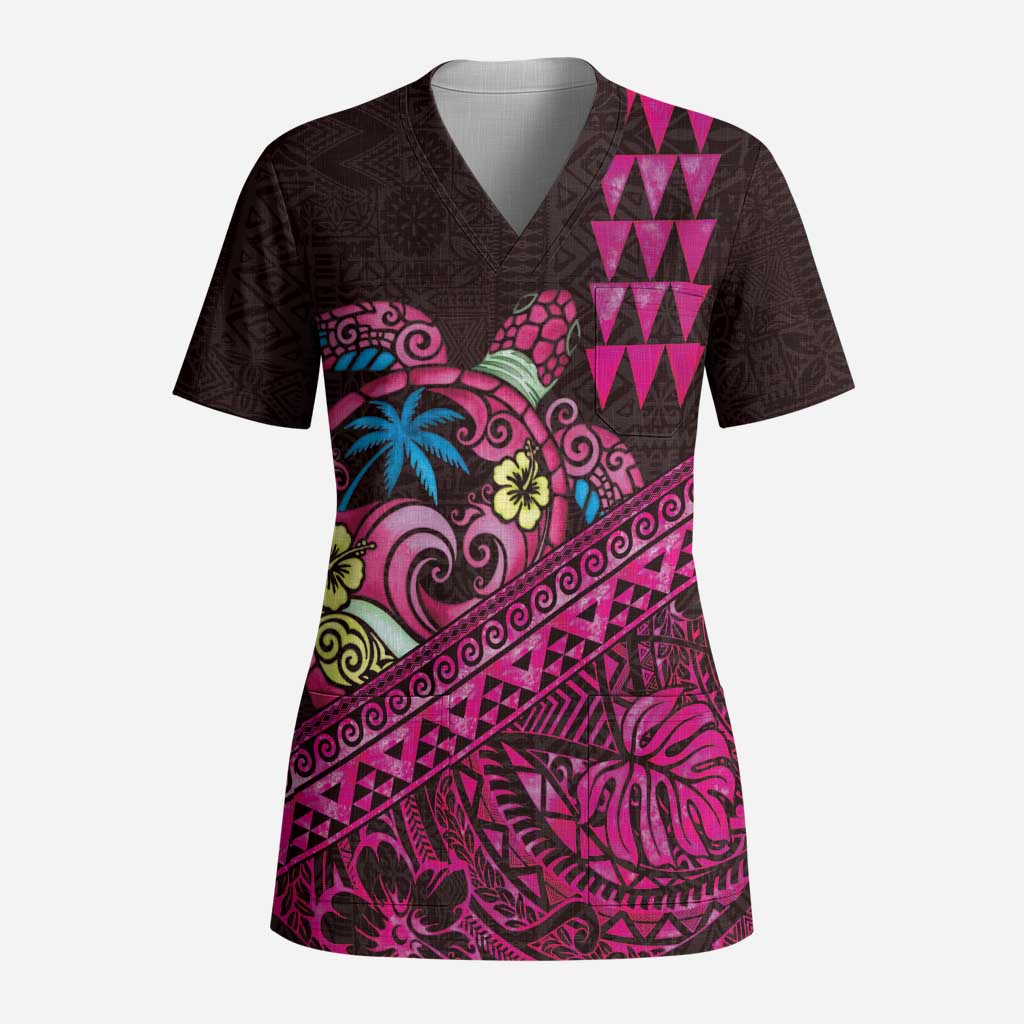 Hawaiian Abstract Sea Turtle Scrub Top Polynesian Tapa Art and Kakau Tattoo Pink WaterColor - Polynesian Pride