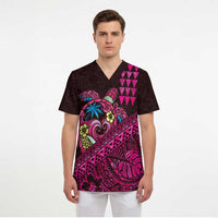 Hawaiian Abstract Sea Turtle Scrub Top Polynesian Tapa Art and Kakau Tattoo Pink WaterColor - Polynesian Pride