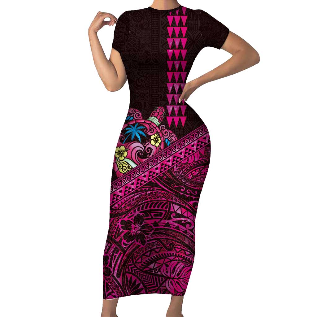 Hawaiian Abstract Sea Turtle Short Sleeve Bodycon Dress Polynesian Tapa Art and Kakau Tattoo Pink WaterColor LT03 Long Dress Black - Polynesian Pride