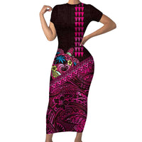 Hawaiian Abstract Sea Turtle Short Sleeve Bodycon Dress Polynesian Tapa Art and Kakau Tattoo Pink WaterColor LT03 Long Dress Black - Polynesian Pride